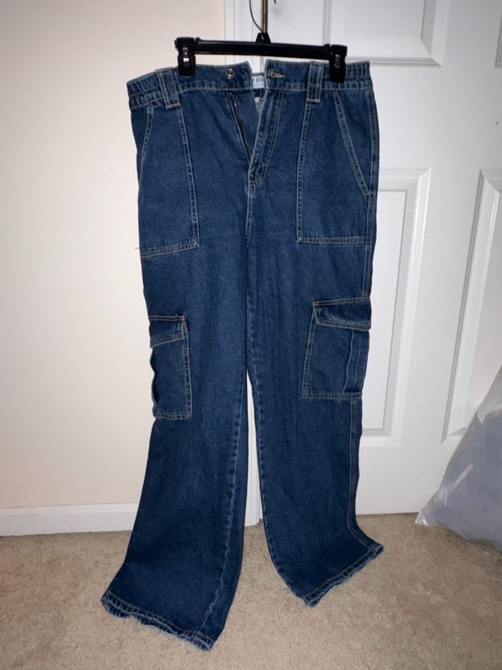 Wax Jean Collection utility cargo pants, dark blue wash denim, women's size L